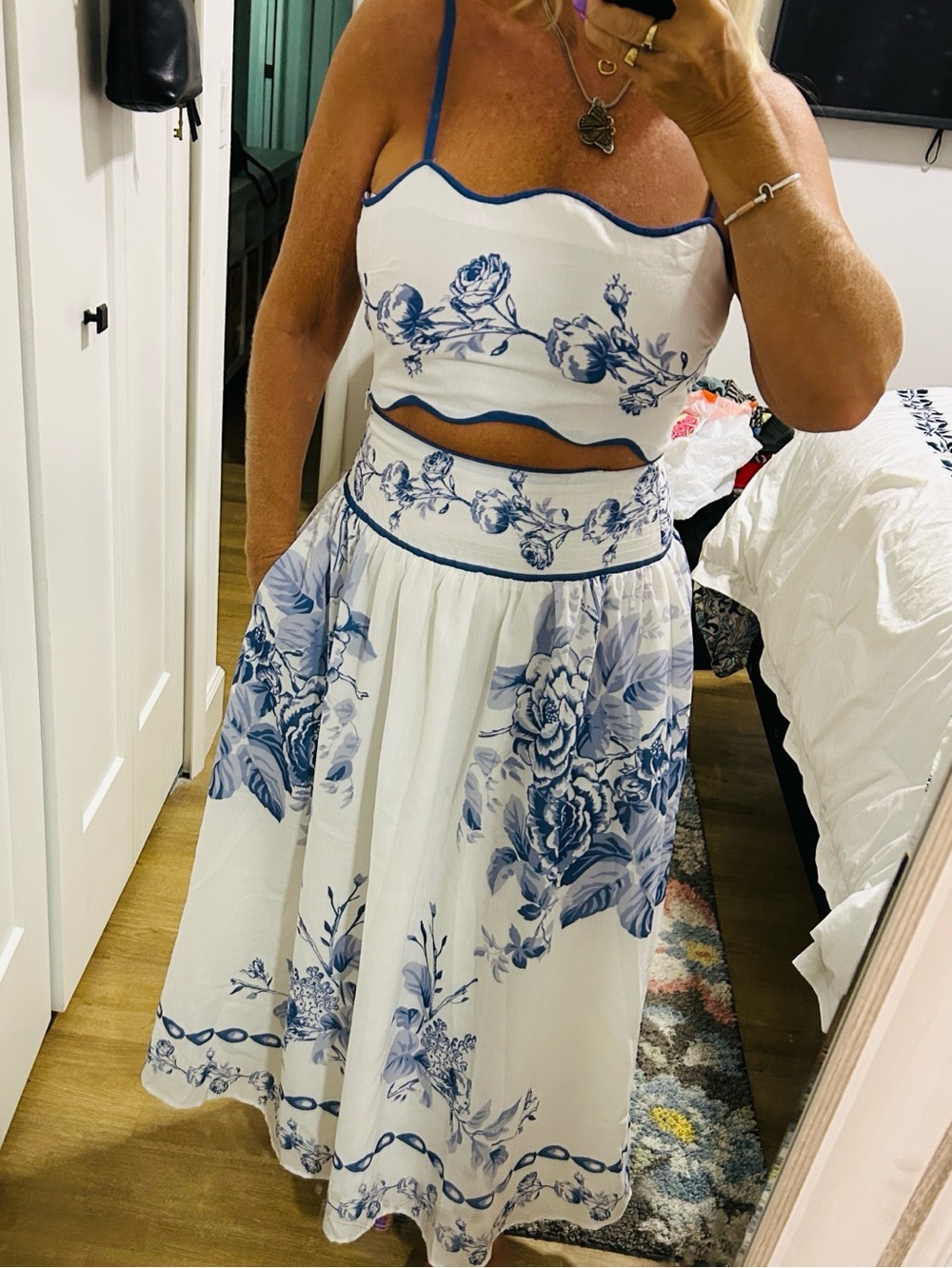 NWOT Vintage Shop Scalloped Crop Top & Maxi Skirt - White / Blue Floral | Medium